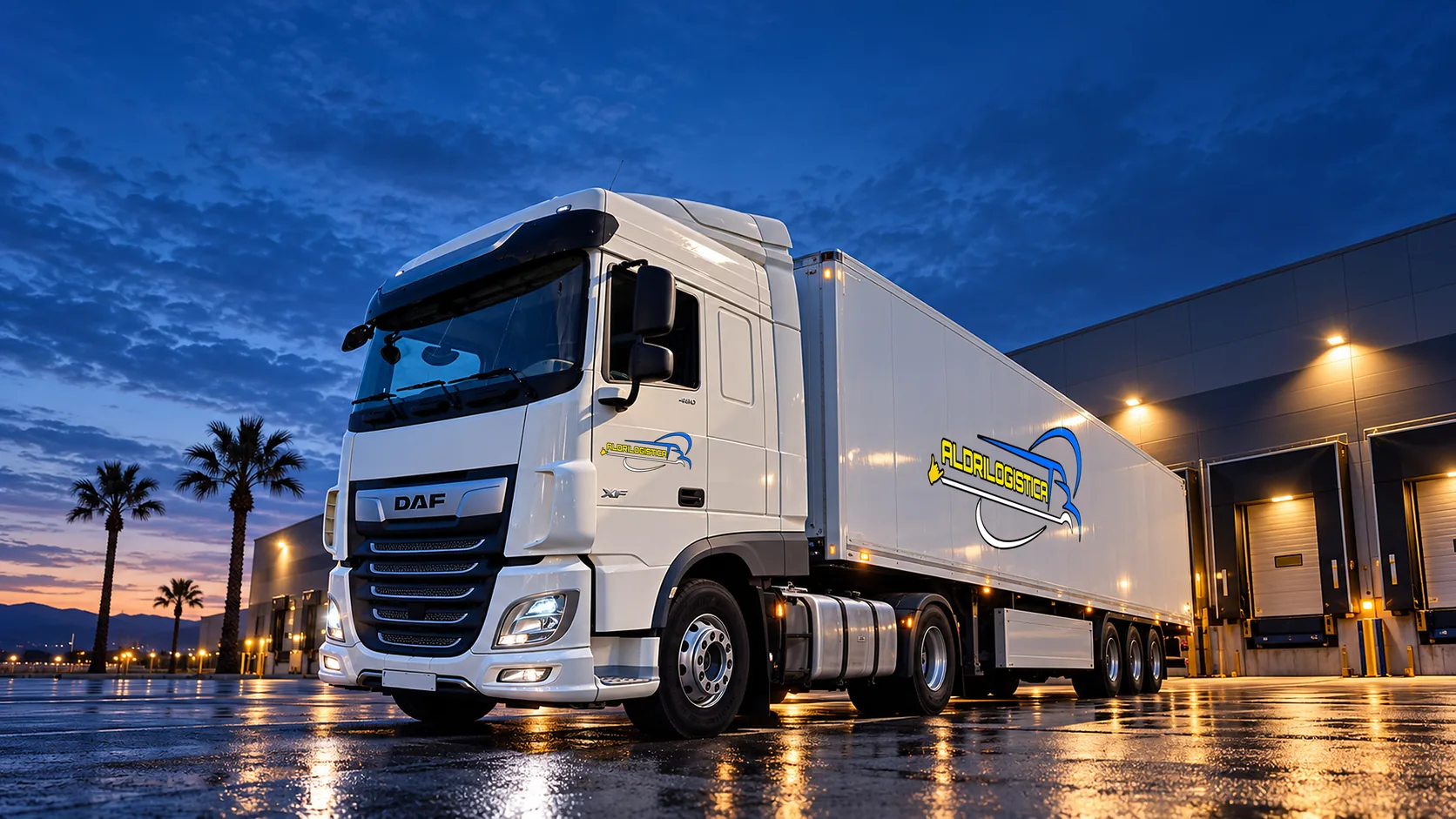 Camión DAF XF de Aldri Logística en el muelle de un almacén de Alicante al amanecer