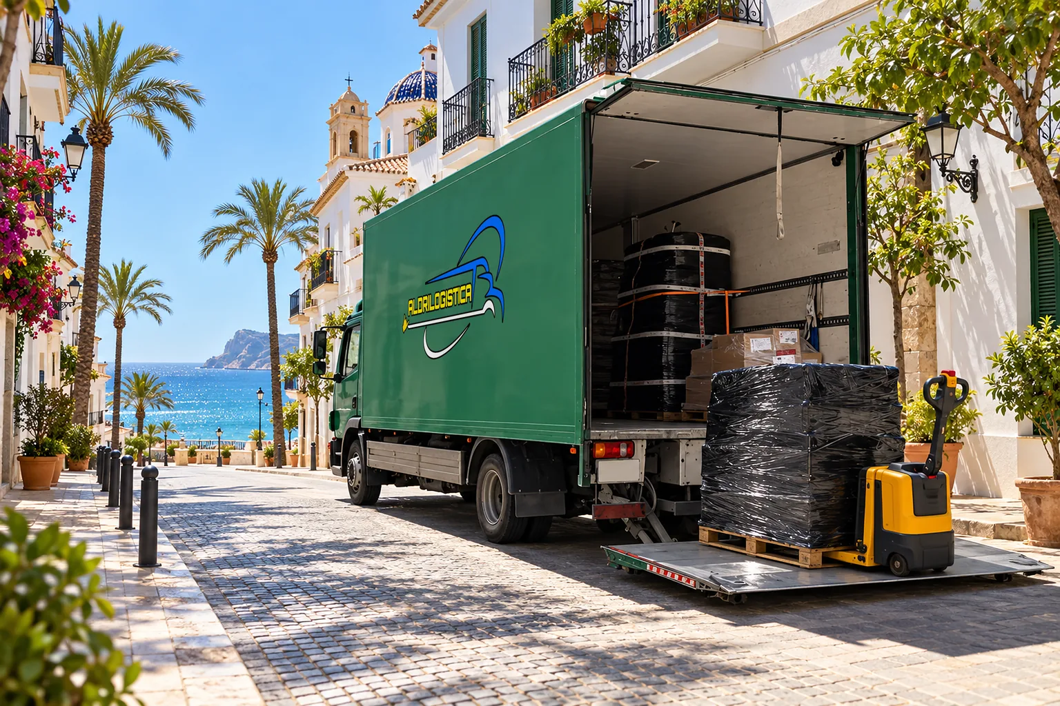 Camión con plataforma elevadora y transpalet eléctrico descargando un palet en la calle